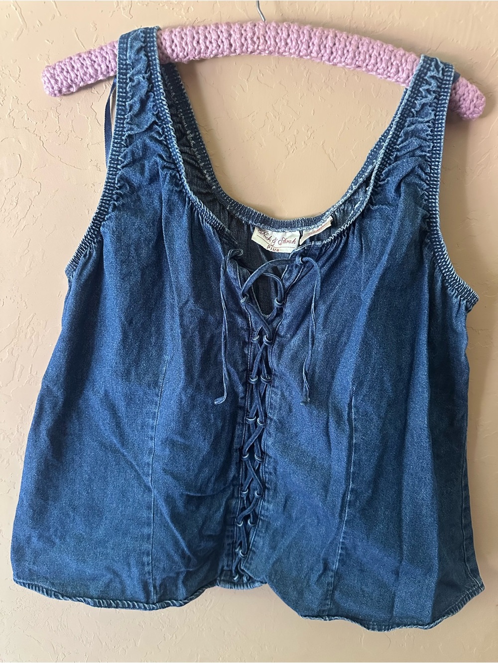 Lace-Up Denim Tank Top - Blue